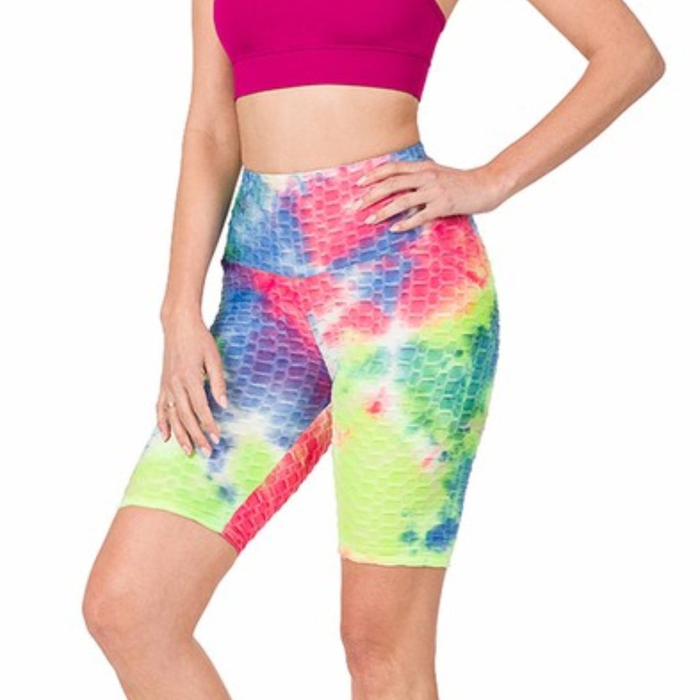 ACTIVE TIE DYE HONEYCOMB BIKER SHORTS - FUCHSIA / BLUE